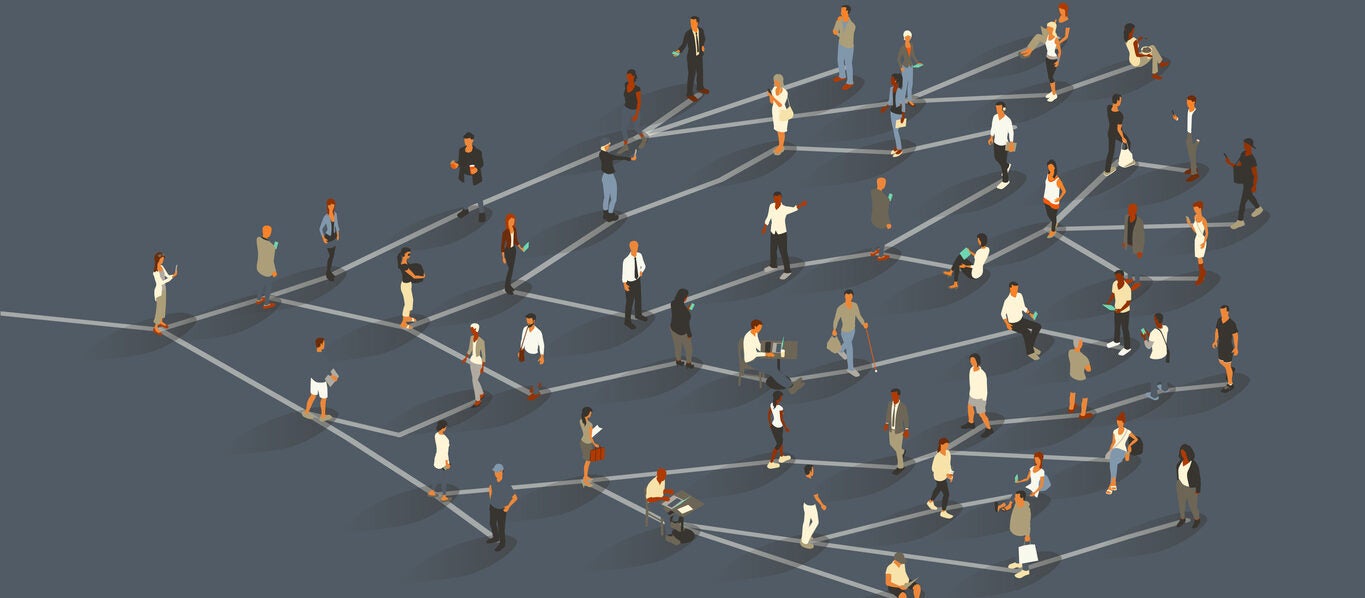 A group of approximately 50 people illustrate the concept of the network effect, or viral growth, as they stand on branch-like lines radiating from a single source. Beginning with one woman, a message or idea branches to two additional people, and so on, ultimately effecting a large crowd. Diverse men and women use digital devices, primarily smartphones. Isometric vector presented in a 16x9 artboard, over a slate gray background.