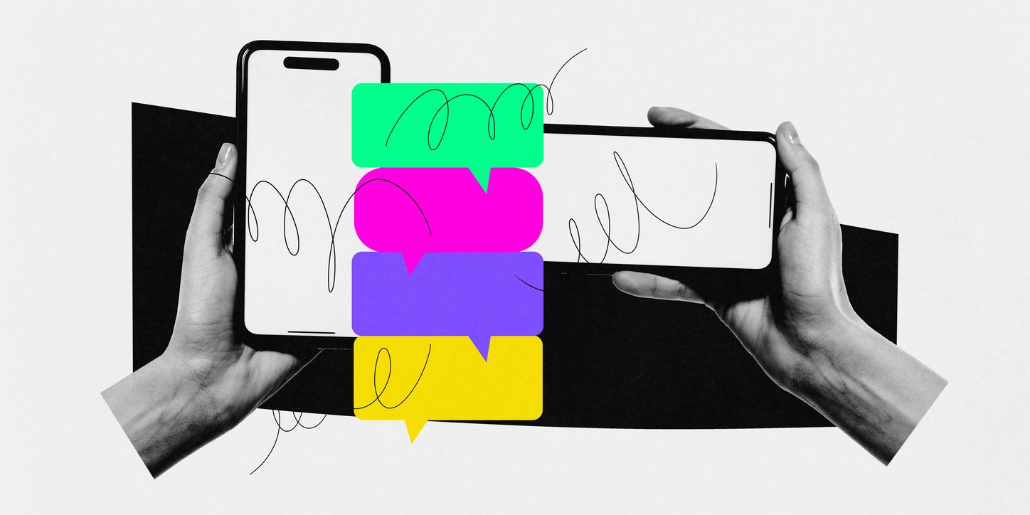 Two hands holding smartphones with colorful chat bubbles and scribbles, symbolizing digital communication. Concept of messaging app, language translation, social media.